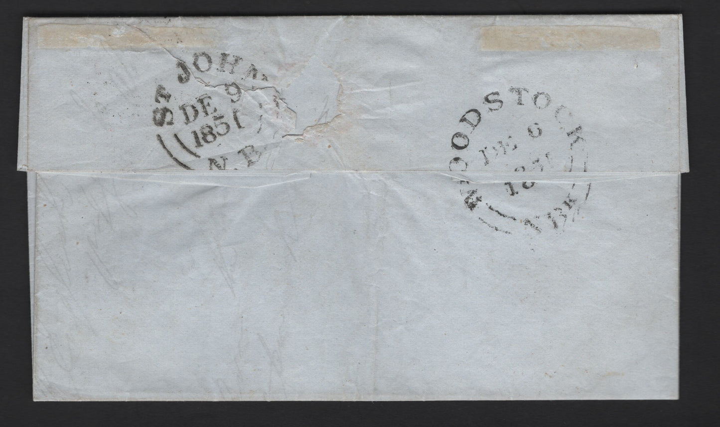 Lot 309 (C) New Brunswick #1a 3d Dark Red Crown & Heraldic Flowers, 1851-1860 Pence Issue, A Fine Cover Franked With 3.5 Margin Single, Sent From Woodstock To Saint John, Clear December 6, 1851 & December 9 Woodstock & Saint John Backstamps, Early Use
