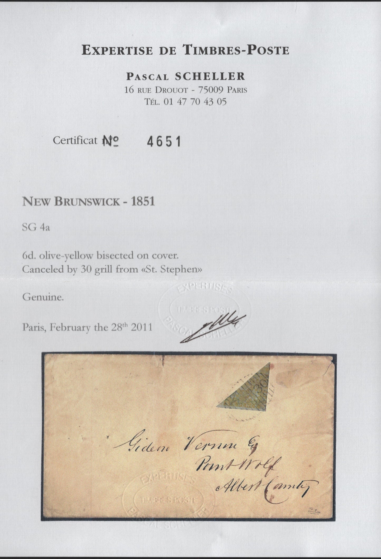 Lot 291 (C) New Brunswick #2b 6d Olive Yellow Crown & Heraldic Flowers, A Fine Cover Franked With Bisect, Sent From St. Stephen To Point Wolfe Via Harvey, Signed Calves, With 2011 Pascal Scheller Certificate, Only One Known With #30 Grid Cancel