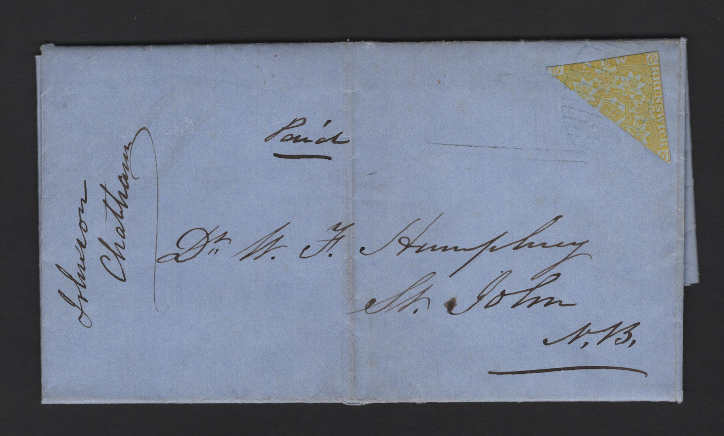 Lot 317 (C) New Brunswick #2bvar 6d Mustard Yellow Crown & Heraldic Flowers, Pence Issue, A Fine Cover Franked With Bisected Single, Tied By Faint #8 Chatham Grid Cancel, One Of Two Known, This Is The Earliest, From February 1859, 1994 BPA Certificate