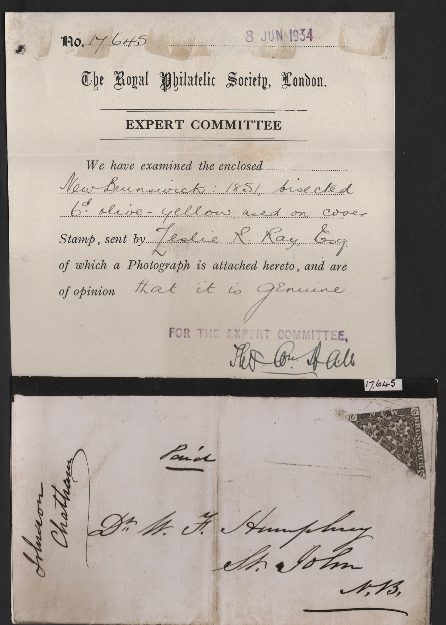 Lot 317 (C) New Brunswick #2bvar 6d Mustard Yellow Crown & Heraldic Flowers, Pence Issue, A Fine Cover Franked With Bisected Single, Tied By Faint #8 Chatham Grid Cancel, One Of Two Known, This Is The Earliest, From February 1859, 1994 BPA Certificate