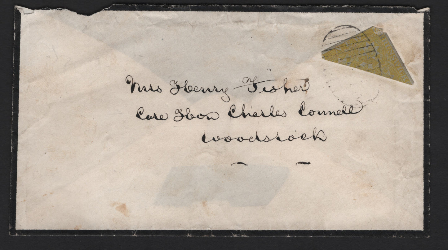 New Brunswick #2b 6d Olive Yellow Crown & Heraldic Flowers, 1851-1860 Pence Issue, A Very Good Cover Franked With Bisected Single, Tied By Grid Cancel, Care Of Charles Connell, Signed George Sloane, 1995 David Brandon Certificate