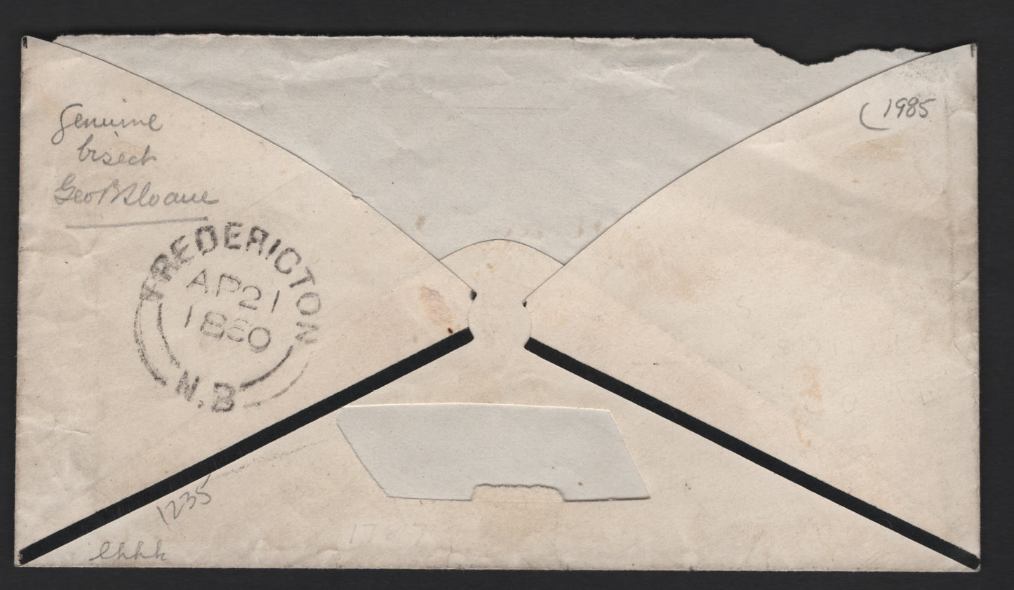New Brunswick #2b 6d Olive Yellow Crown & Heraldic Flowers, 1851-1860 Pence Issue, A Very Good Cover Franked With Bisected Single, Tied By Grid Cancel, Care Of Charles Connell, Signed George Sloane, 1995 David Brandon Certificate