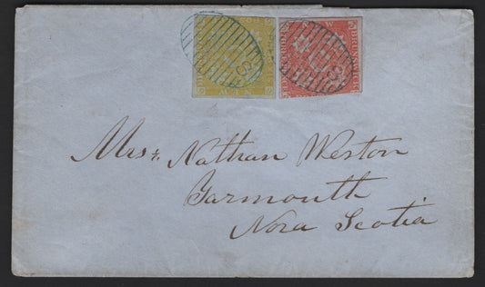Lot 308 (C) New Brunswick #1, 2d 3d, 6d Red & Mustard Yellow Crown & Heraldic Flowers, Pence Issue, A Fine Cover Franked With Singles Paying 9d Triple Letter Rate, One Of Only 4 Known, Multiple Backstamps, Sent From Chatham To Yarmouth, NS, 1971 RPS Cert.