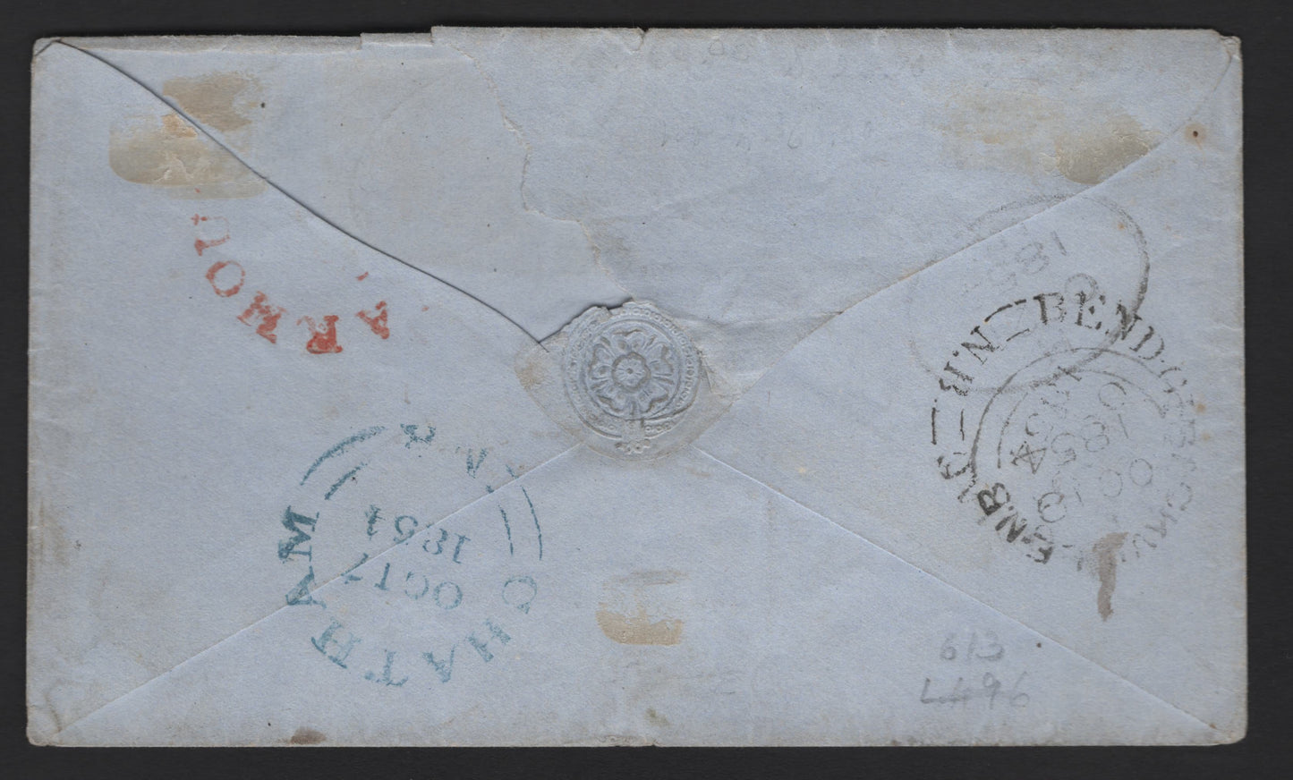 Lot 308 (C) New Brunswick #1, 2d 3d, 6d Red & Mustard Yellow Crown & Heraldic Flowers, Pence Issue, A Fine Cover Franked With Singles Paying 9d Triple Letter Rate, One Of Only 4 Known, Multiple Backstamps, Sent From Chatham To Yarmouth, NS, 1971 RPS Cert.