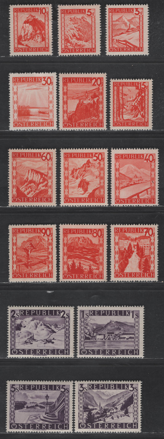 Lot 175 Austria SC#500-515 3g - 5s Bright Red - Dark Violet Lermos - Durnstein, Lower Austria, 1947-1948 Scenic Types Issue, 16 VFNH Singles, Perf 13.5x14