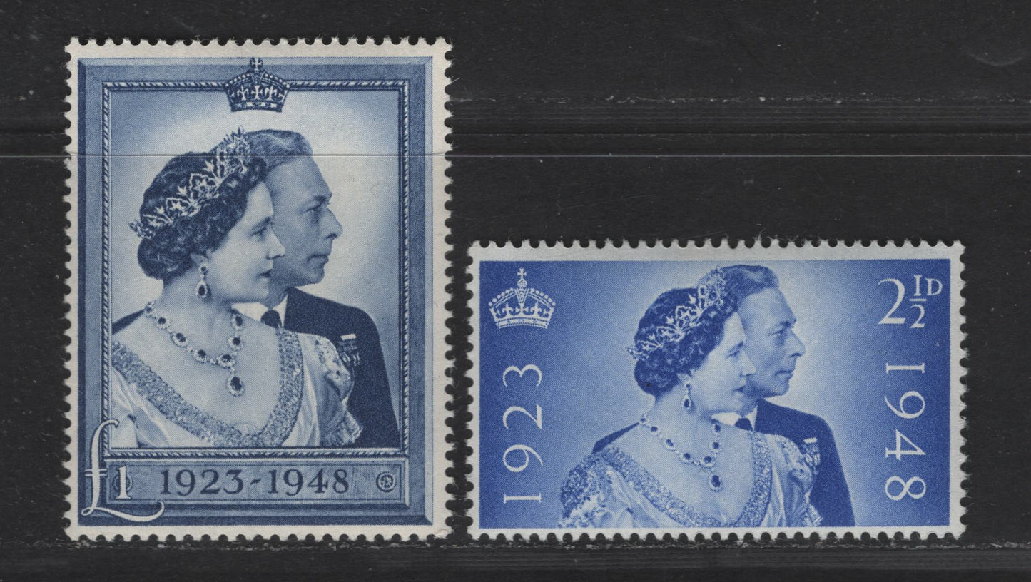Great Britain SG#493-494 2.5d - £1 Ultramarine & Blue KGVI & Queen Elizabeth, 1948 Silver Wedding Issue, 2 FOG Singles, Perfs 15x14 & 14x15, Wmk 127