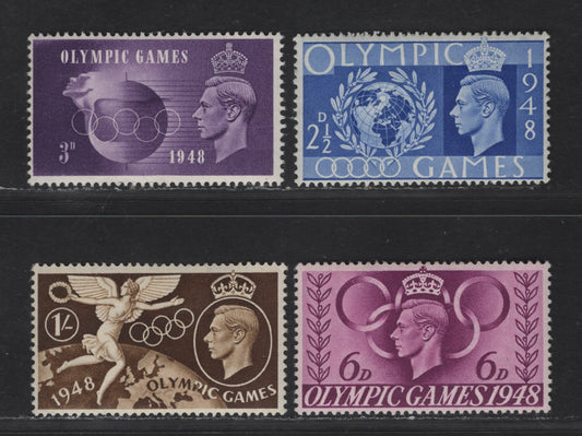 Lot 169 Great Britain SG#495-498 2.5d -1/- Ultramarine - Brown Globe & Laurel Wreath - Winged Victory, 1948 Olympic Games Issue, 4 VFNH Singles, Wmk 127, Perf 15x14