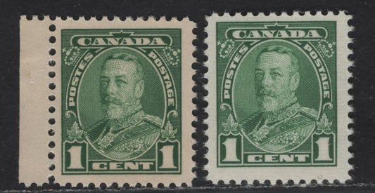 Canada #217var 1c Deep Green King George V, 1935-1937 Dated Die Issue, 2 Fine NH Singles Cream Vertical Wove Paper With Vertical Mesh