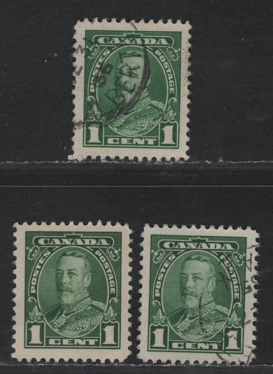 Canada #217var 1c Deep Bright Green & Deep Green King George V, 1935-1937 Dated Die Issue, 3 VF Used Singles Soft Vertical Wove Paper