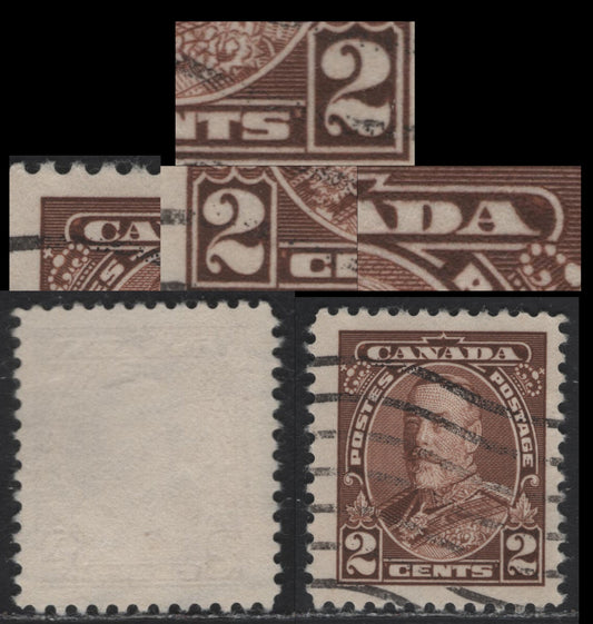 Canada #218 2c Brown King George V, 1935-1937 Dated Die Issue, A Fine Used Single Showing Die Flaws In Both Text Tablets