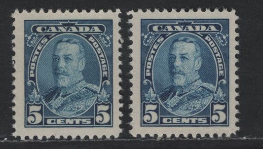Canada #221 5c Deep Bright Blue, Dark Blue King George V, 1935-1937 Dated Die Issue, 2 VFOG Singles On Vertical Wove Paper