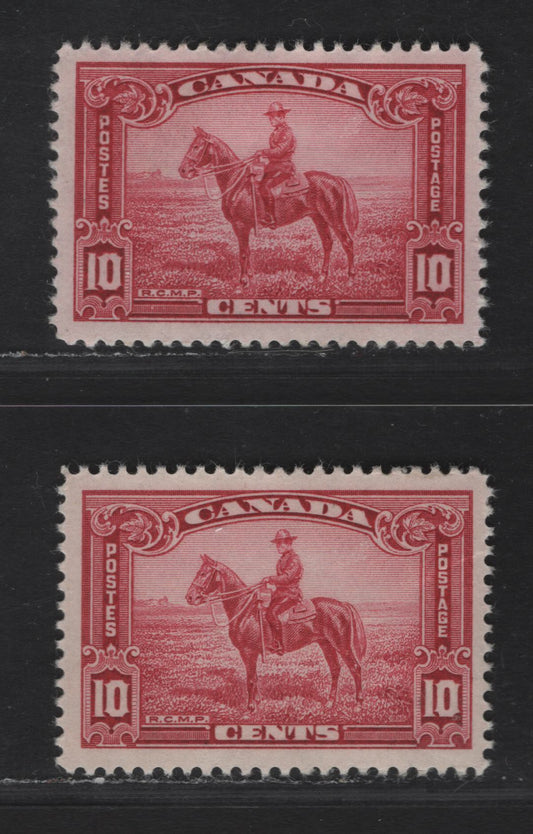 Canada #223 10c Carmine Rose & Carmine Mountie, 1935-1937 Dated Die Issue, 2 VFOG Singles Horizontal & Vertical Wove Papers