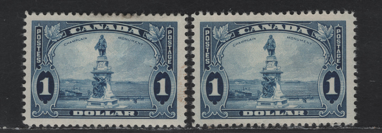Lot 106 Canada #227 $1 Dark Blue & Deep Bright Blue Champlain Monument, 1935-1937 Dated Die Issue, 2 Fine & VFOG Singles Horizontal Wove Paper