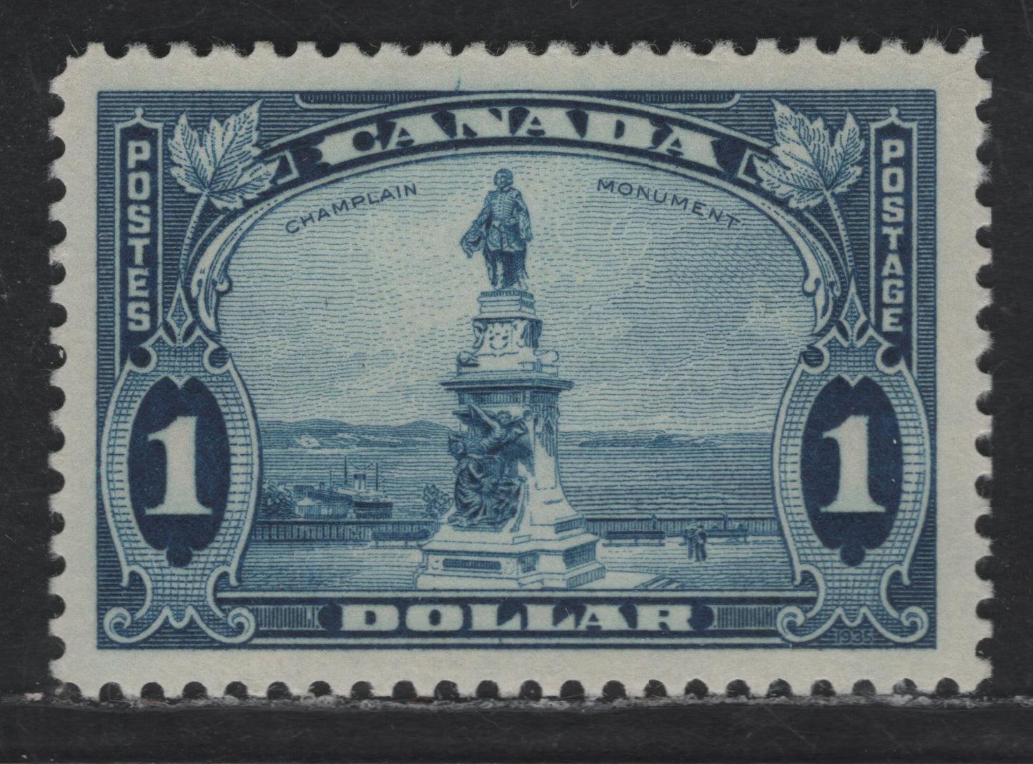 Lot 176 Canada #227 $1 Bright Blue Champlain Monument, 1935-1937 Dated Die Issue, A VFOG Single On Vertical Wove Paper, Clear Vertical Mesh