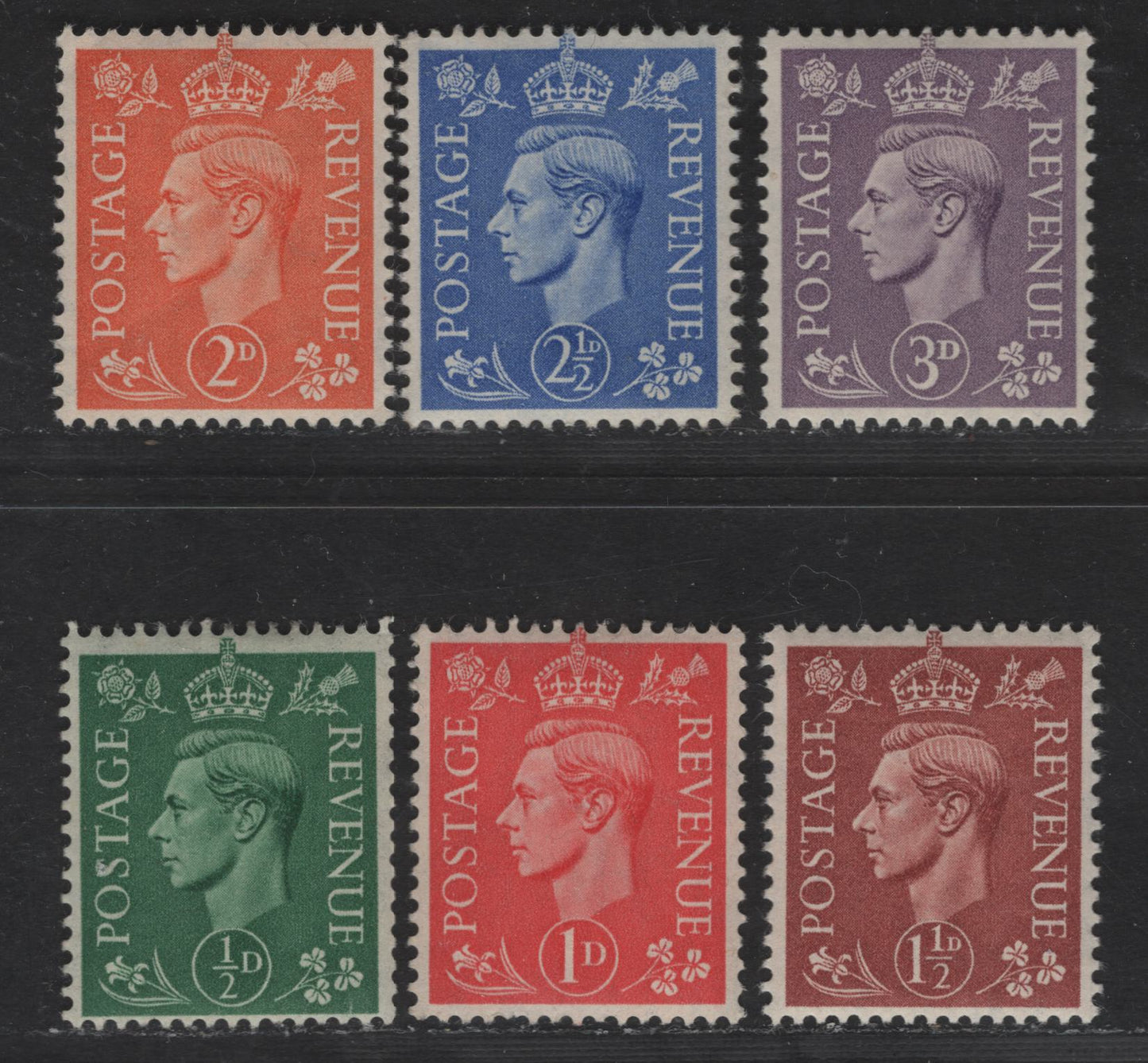 Lot 168 Great Britain SG#462-467 1/2d - 3d Green - Violet King George VI, 1937-1947 KGVI Issue, 6 F/VFOG Singles, Wmk 127, Perf 15x14