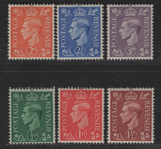 Lot 168 Great Britain SG#462-467 1/2d - 3d Green - Violet King George VI, 1937-1947 KGVI Issue, 6 F/VFOG Singles, Wmk 127, Perf 15x14