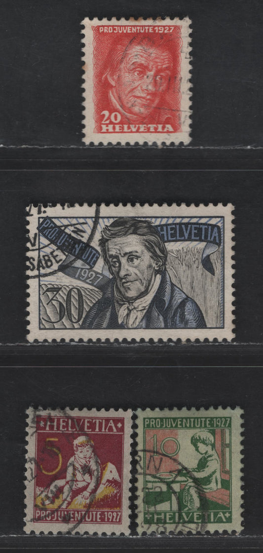 Switzerland SC#B41-B44 5c - 30c Red Violet & Yellow on Gray - Gray Blue & Black Orphan - J. H. Pestalozzi, 1927 Semi Postal Issue, 4 Very Fine Used Singles, Wmk 183 & Unwatermarked, Granite Paper