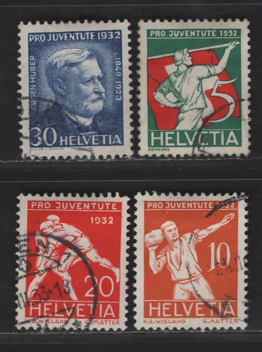 Switzerland SC#B61-B64 5c - 30c Dark Green & Red - Ultramarine Flag Swinger - Eugen Huber, 1932 Semi Postal Issue, 4 Very Fine Used Singles, Perf 11.5, Granite Paper Wmk 183 & Unwatermarked