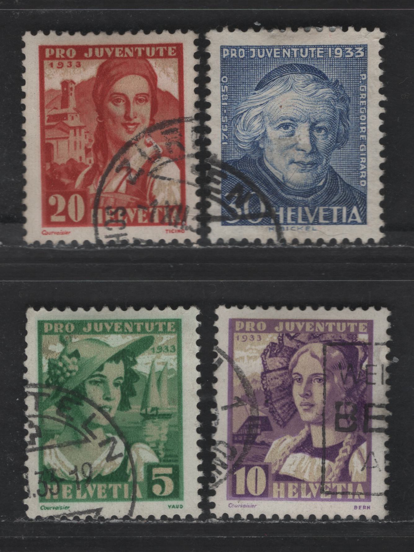 Switzerland SC#B65-B68 5c - 30c Green & Buff - Ultramarine Girl of Vaud - Jean Baptiste Girard, 1933 Semi Postal Issue, 4 Very Fine Used Singles, Perf 11.5, Granite Paper Wmk 183 & Unwatermarked