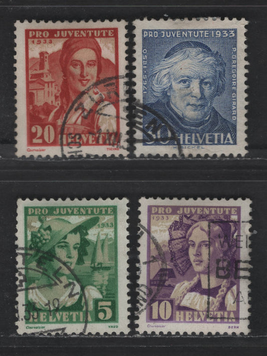 Switzerland SC#B65-B68 5c - 30c Green & Buff - Ultramarine Girl of Vaud - Jean Baptiste Girard, 1933 Semi Postal Issue, 4 Very Fine Used Singles, Perf 11.5, Granite Paper Wmk 183 & Unwatermarked