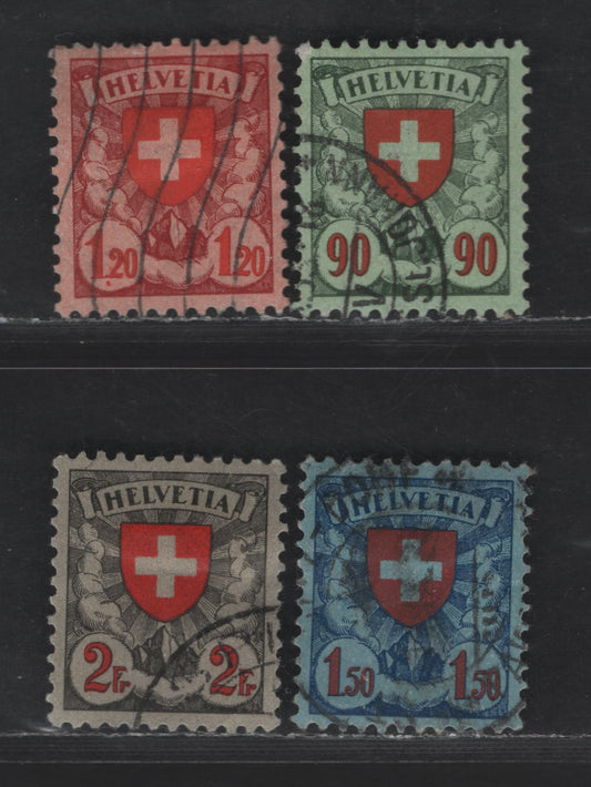 Switzerland SC#200-203 90c - 2fr Green & Red on Green - Gray Black & Red on Gray Numeral & Crest, 1924 Pictorial Issue, 4 Very Fine Used Singles, Granite Paper, Surface Colored Perf 11.5