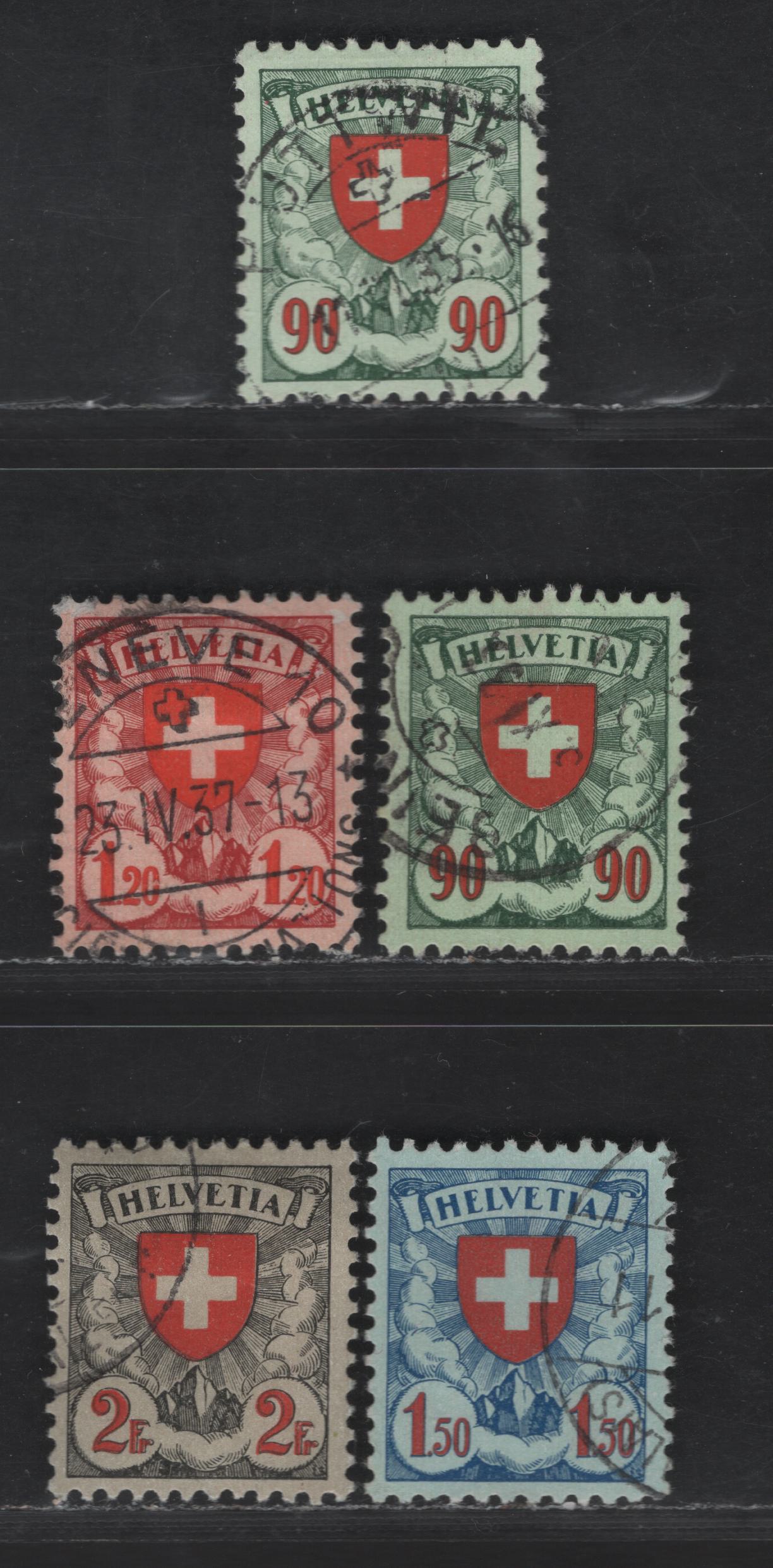 Switzerland SC#200a-203b 90c - 2fr Green & Red on Green - Gray Black & Red on Gray Numeral & Crest, 1924 Pictorial Issue, 5 Very Fine Used Singles, Grilled Gum, Additional Shade Of 90c