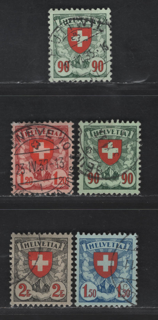 Switzerland SC#200a-203b 90c - 2fr Green & Red on Green - Gray Black & Red on Gray Numeral & Crest, 1924 Pictorial Issue, 5 Very Fine Used Singles, Grilled Gum, Additional Shade Of 90c