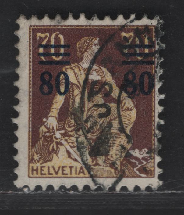 Switzerland SC#189 80c on 70c Dark Brown & Buff Helvetia, 1915 Surcharged Pictorial Issue, A Fine Used Single