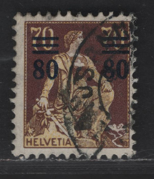Switzerland SC#189 80c on 70c Dark Brown & Buff Helvetia, 1915 Surcharged Pictorial Issue, A Fine Used Single