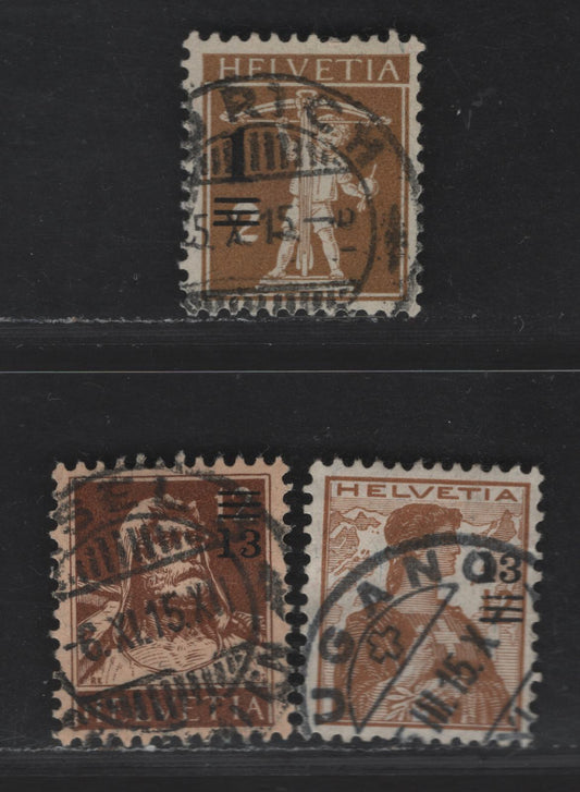 Switzerland SC#186-188 1c on 2c - 13c on 12c Bistre - Brown on Buff William Tell's Son - William Tell, 1915 Surcharged Pictorial Issue, 3 Very Fine Used Singles