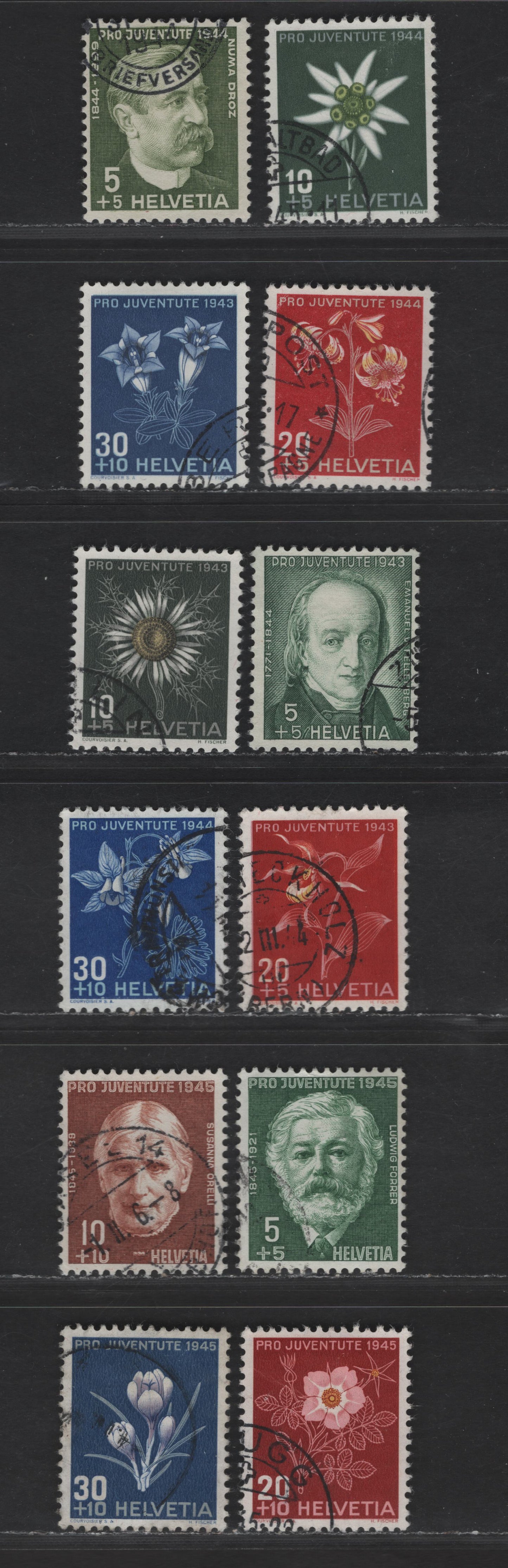 Switzerland SC#B126-B129, B137-B140, B150-B153 5c+5c - 30c+10c Green - Dark Blue, Gray & Lilac Emanuel von Fellenberg - Crocus, 1943-1945 Semi Postal Issues, 12 Very Fine Used Singles
