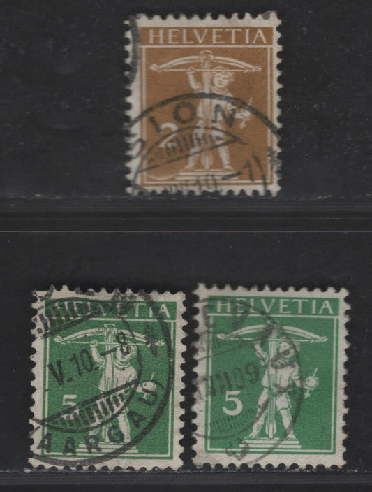 Switzerland SC#146, 148 2c - 5c Bistre - Green William Tell's Son, 1909 Pictorial Issue, 3 Very Fine Used Singles, Original Types, Granite Paper