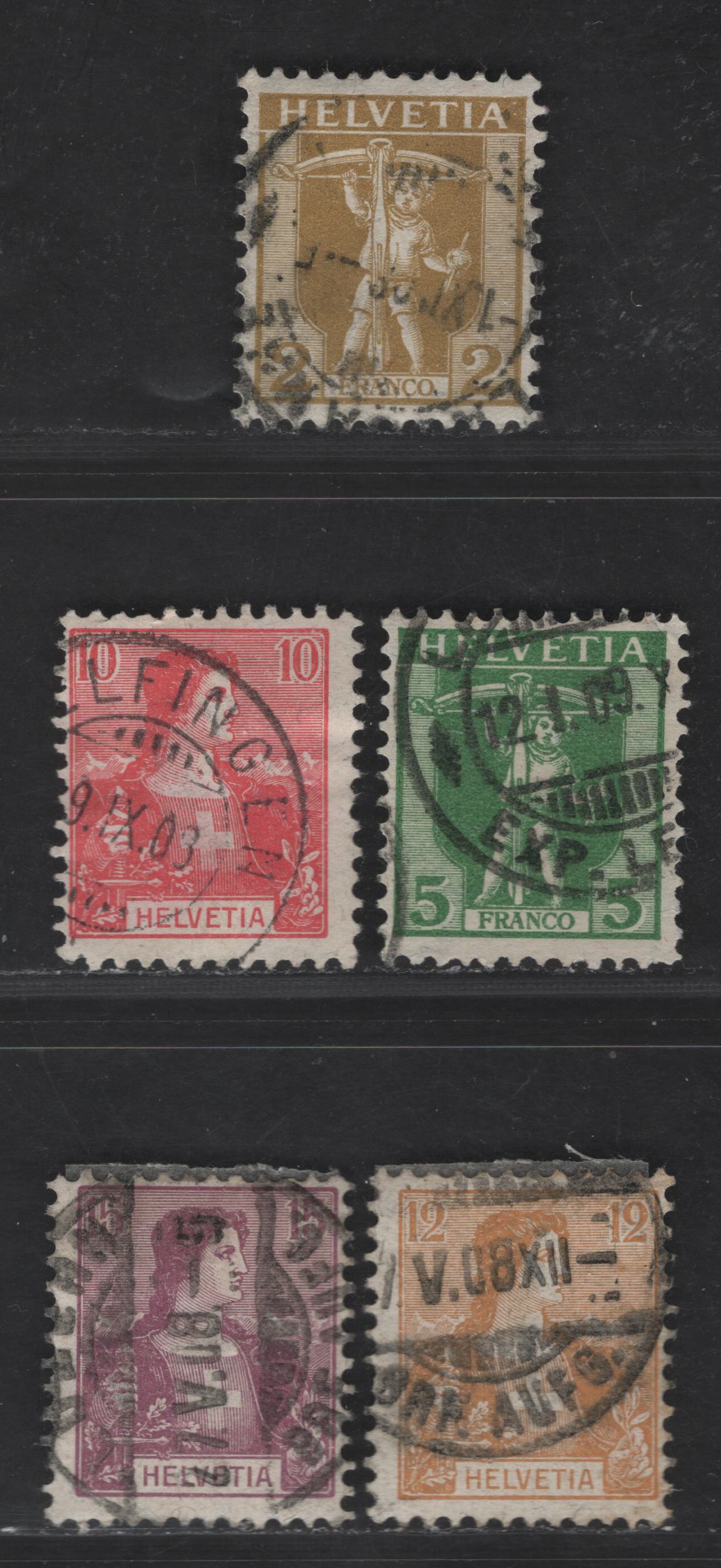 Switzerland SC#126, 128-131 2c - 15c Pale Bistre - Red Violet William Tell's Son & Helvetia, 1907-1925 Pictorial Issue, 5 Fine Used Singles, Perf 11.5, Granite Paper