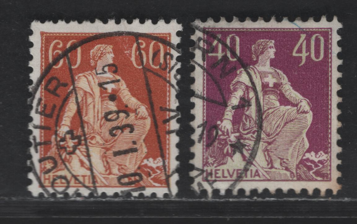 Switzerland SC#138a, 140a 40c - 60c Red Violet & Green - Brown Orange & Buff Helvetia, 1907-1925 Pictorial Issue, 3 Very Fine Used Singles, Grilled Gum, Perf 11.5,
