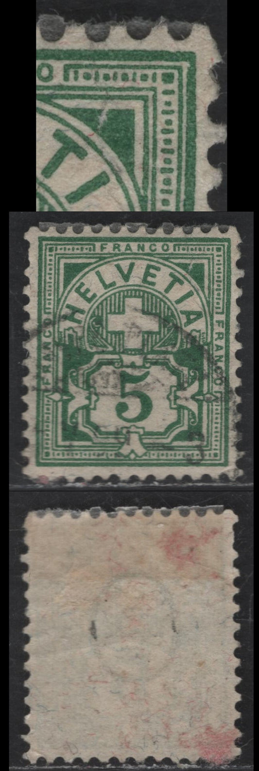 Switzerland SC#72var 5c Deep Green Numeral, 1882-1899 Numeral Issue, A Very Fine Used Single, Wmk 182, Type 2, Granite Paper, Unlisted Crack In Upper Right Spandrel