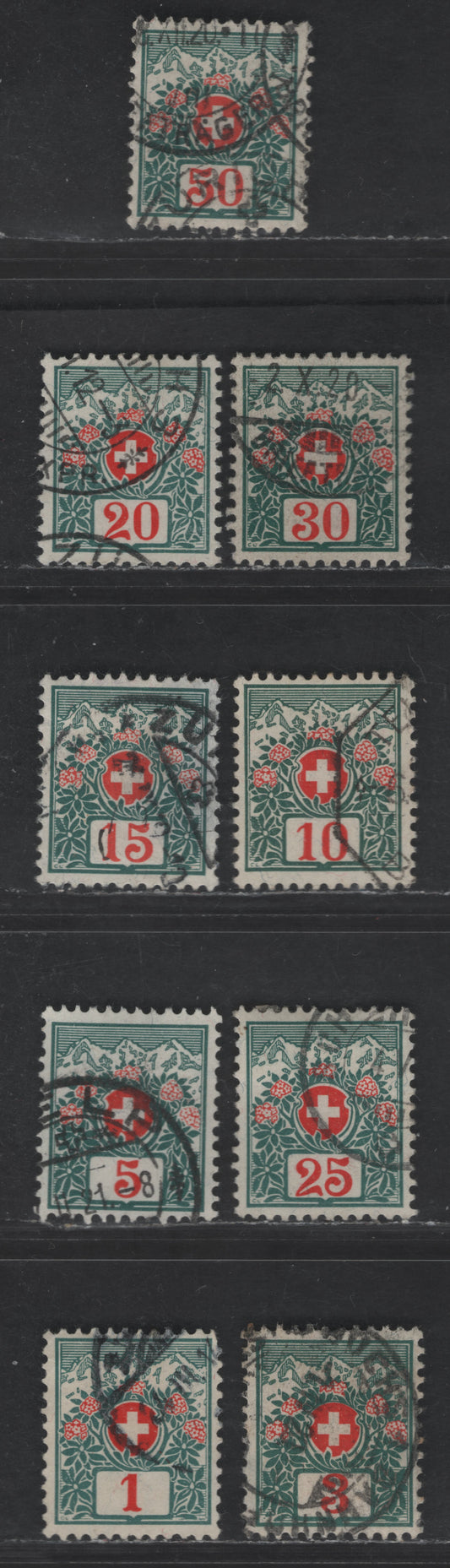 Switzerland SC#J35-J43 1c - 50c Blue Green Numerals, 1910 Postage Dues, 9 Very Fine Used Singles, Perf 11.5