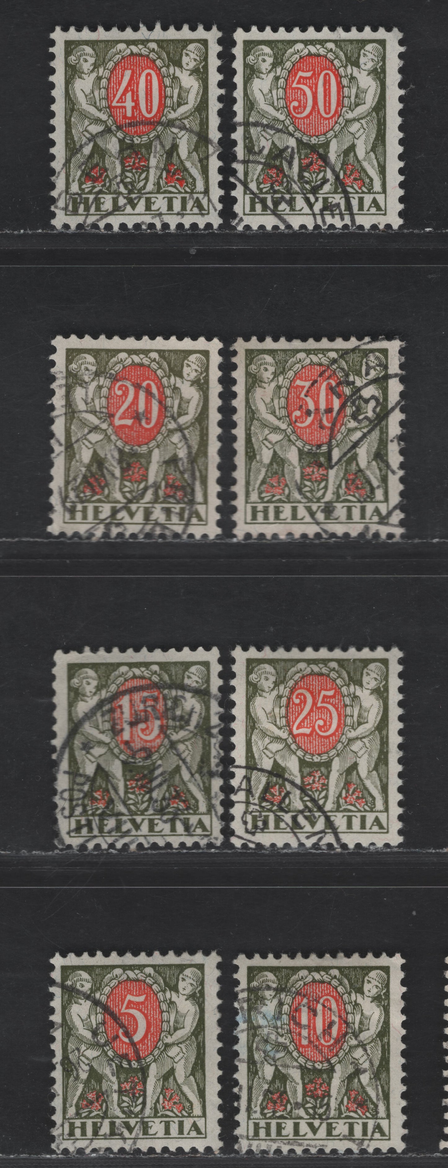 Switzerland SC#J48-J55 5c - 50c Olive Green & Red Numeral, 1924-1926 Postage Dues, 8 Very Fine Used Singles, Perf 11.5, Wmk 183,