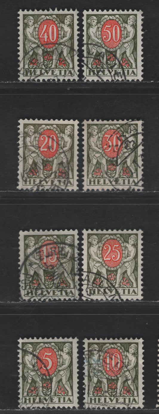 Switzerland SC#J48-J55 5c - 50c Olive Green & Red Numeral, 1924-1926 Postage Dues, 8 Very Fine Used Singles, Perf 11.5, Wmk 183,