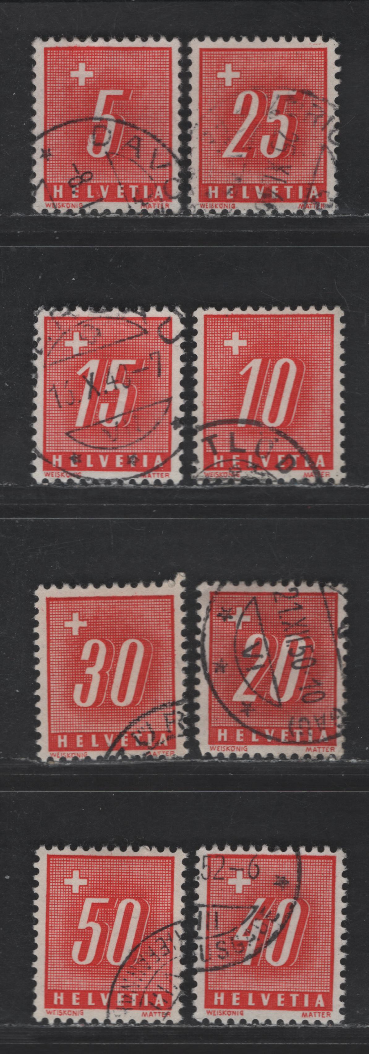 Switzerland SC#J60-J67 5c - 50c Scarlet Numeral, 1938 Postage Dues, 8 Very Fine Used Singles, Unwatermarked, Perf 11.5