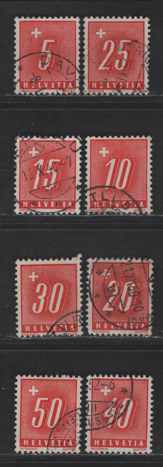 Switzerland SC#J60-J67 5c - 50c Scarlet Numeral, 1938 Postage Dues, 8 Very Fine Used Singles, Unwatermarked, Perf 11.5