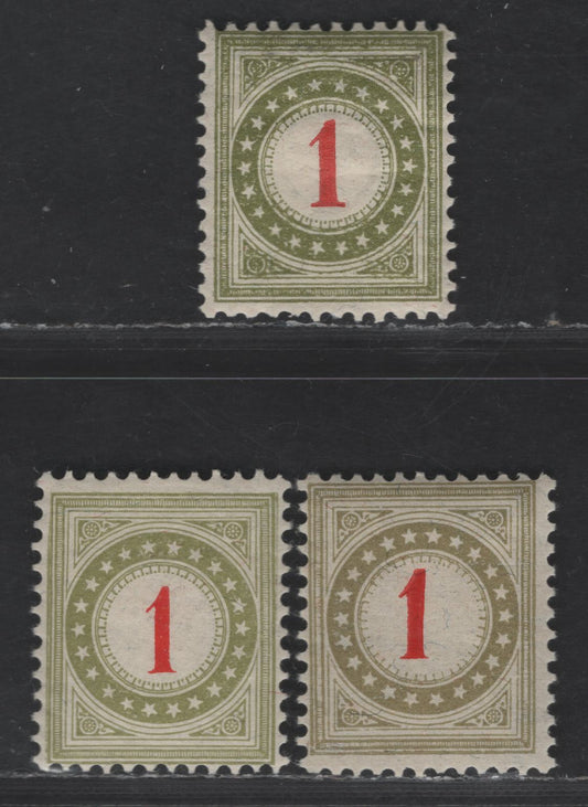Switzerland SC#J21g, J29a-J29b 1c - 1c Brownish Olive & Greenish Olive Numeral, 1884-1909 Postage Dues, 3 FNH Singles, Wmk 182 & 183, Perf 11.5, Type 2 Normal & Inverted Frames