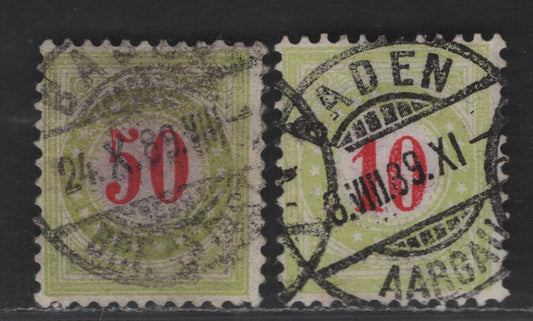 Switzerland SC#J24, J26 10c - 50c Olive Green Numeral, 1884-1897 Postage Dues, 2 Fine Used Singles, Wmk 182, Perf 11.5, Type 1 & Type 2 Inverted