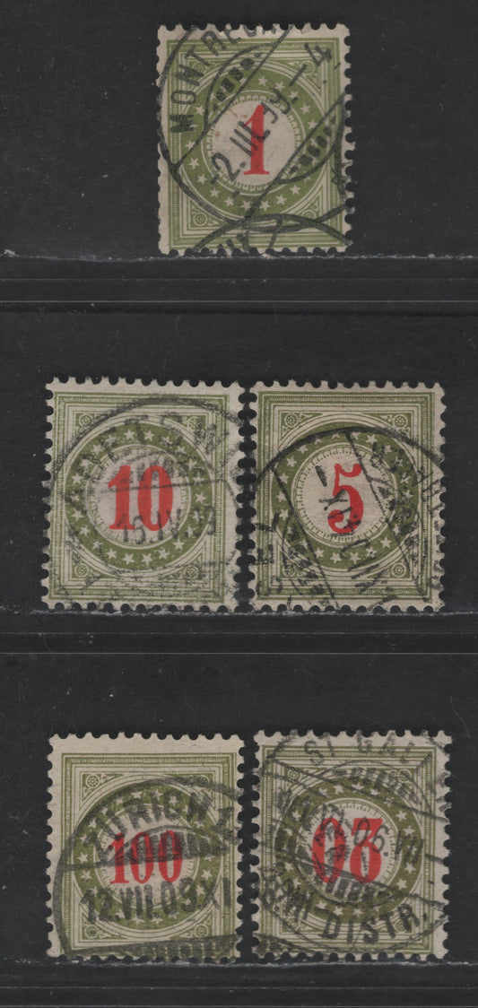 Switzerland SC#J21h, J23h, J24h, J25h, J27h 1c - 100c Dark Olive Green & Bright Red Numeral, 1884-1897 Postage Dues, 5 Fine Used Singles, Wmk 182, Perf 11.5, Type 2 Frame Type 2 Normal