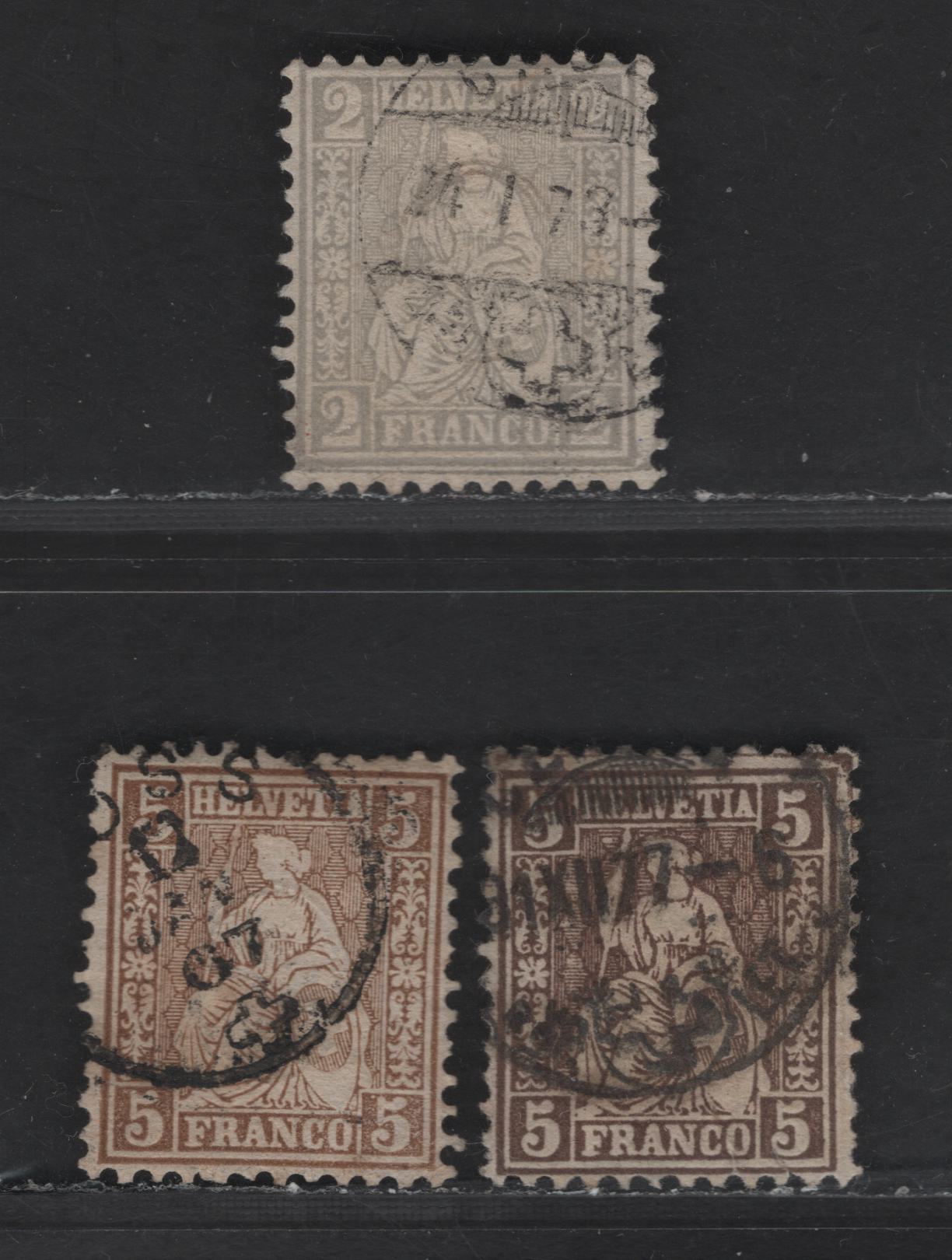 Switzerland SC#41, 43a-b 2c - 5c Gray - Gray Brown Helvetia, 1862-1864 Helvetia Issue, 3 Fine Used Singles, Wmk 182, Perf 11.5, White Wove Paper