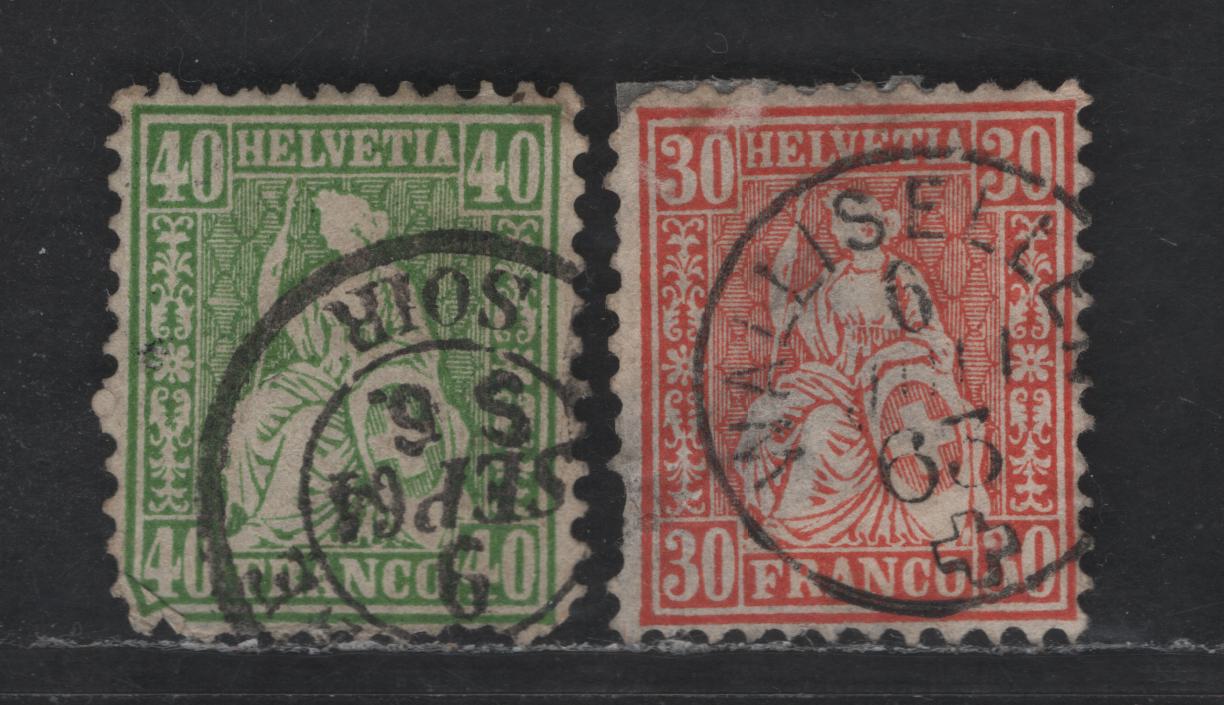 Switzerland SC#46-47 30c - 40c Vermillion - Green Helvetia, 1862-1864 Helvetia Issue, 2 Ungraded Used Singles, Wmk 182, Perf 11.5, White Wove Paper, Significant Thins & Clipped/Short Perfs