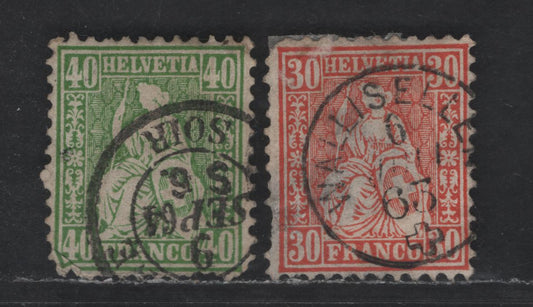 Switzerland SC#46-47 30c - 40c Vermillion - Green Helvetia, 1862-1864 Helvetia Issue, 2 Ungraded Used Singles, Wmk 182, Perf 11.5, White Wove Paper, Significant Thins & Clipped/Short Perfs