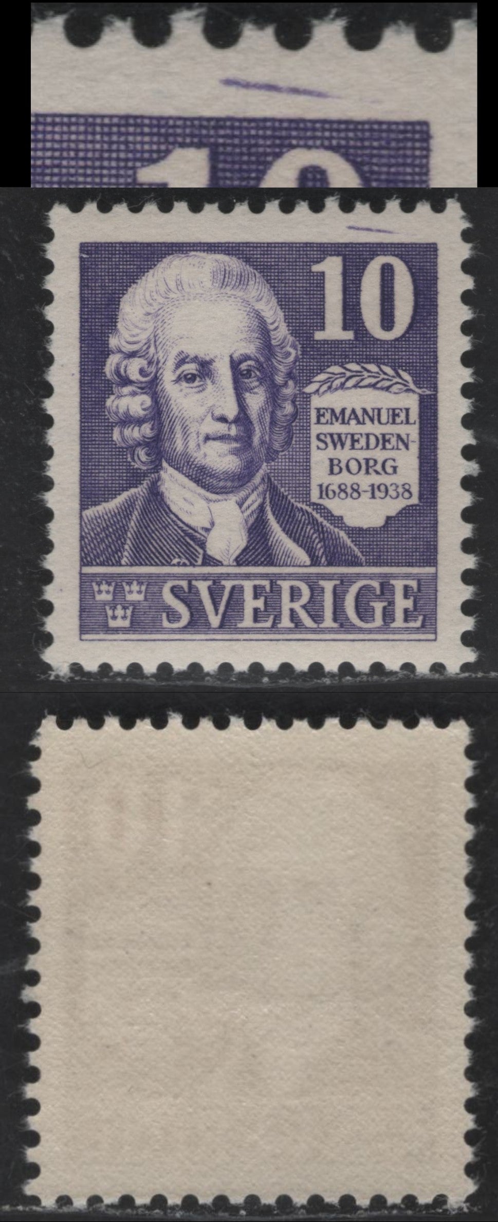 Lot 176 (C) Sweden SC#264var (Facit #259pI) 10o Violet Emanuel Swedenborg, 1938 Pictorial Issue, A VFNH Single, Line in Margin Above '10'