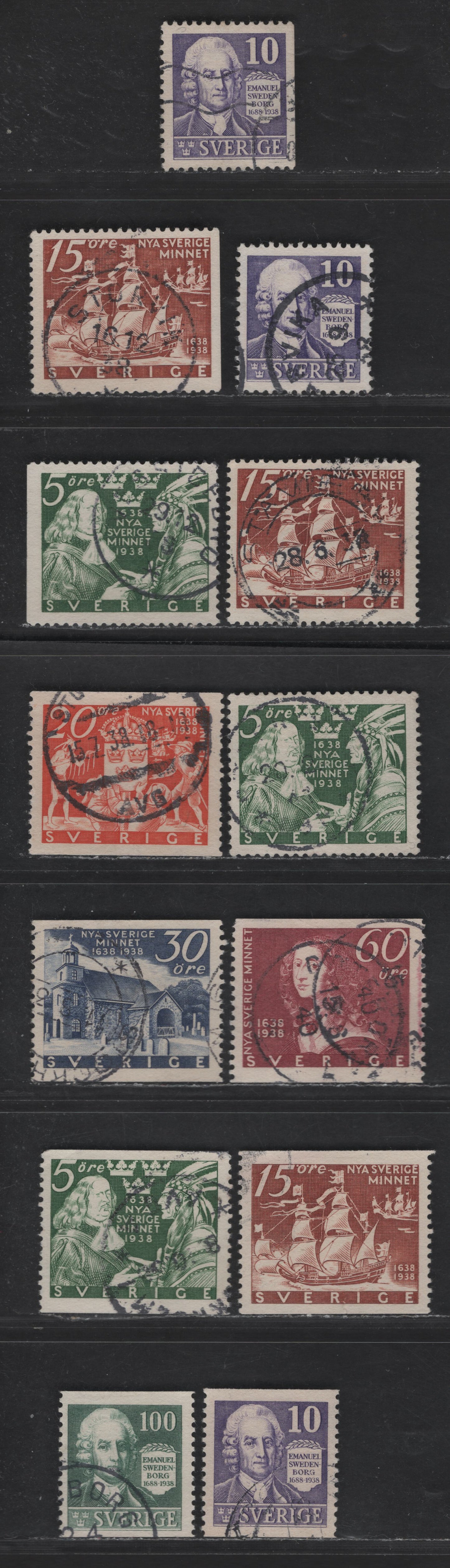 Sweden SC#264-274, 273a, 274a 10o - 15o Violet - Brown Emanuel Swedenborg, 1938 Pictorial Issues, 13 Fine/Very Fine Used Singles, Perf 12.5 & 12.5 Vert
