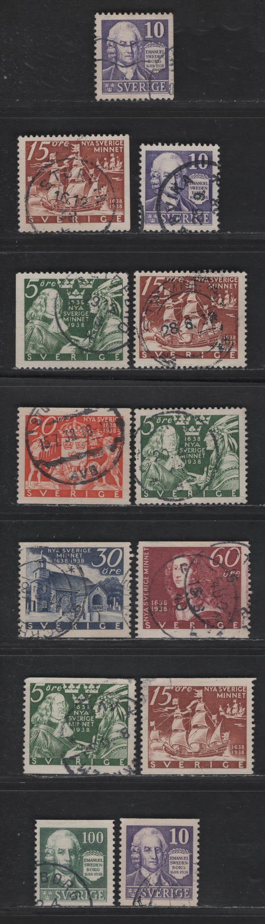 Sweden SC#264-274, 273a, 274a 10o - 15o Violet - Brown Emanuel Swedenborg, 1938 Pictorial Issues, 13 Fine/Very Fine Used Singles, Perf 12.5 & 12.5 Vert