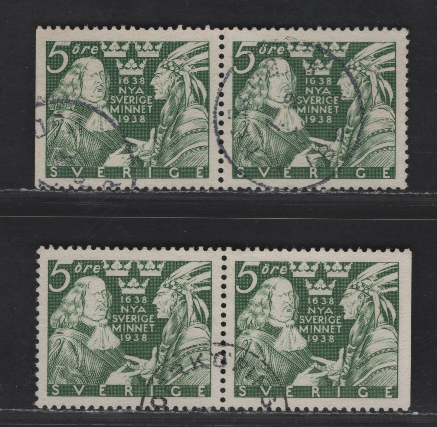 Lot 177 Sweden SC#273, 273a (Facit #261BC, 261CB) 5o Green Johann Printz & Indian Chief, 1938 Pictorial Issue, 2 Very Fine Used Pair, Perf 12.5, Sheet & Booklet Stamps